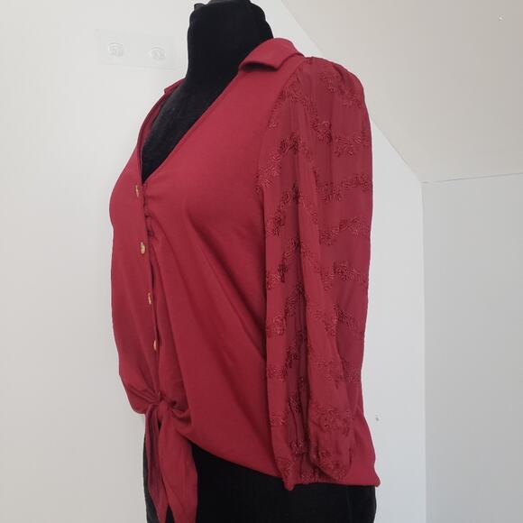 Vanessa Virginia by Anthro Lenora Waist Knot Tie Cranberry Jersey Knit Top Small - Picture 5 of 10